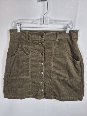 Aventura Olive Corduroy Button-Front Mini Skirt 98% Organic Cotton Size 8